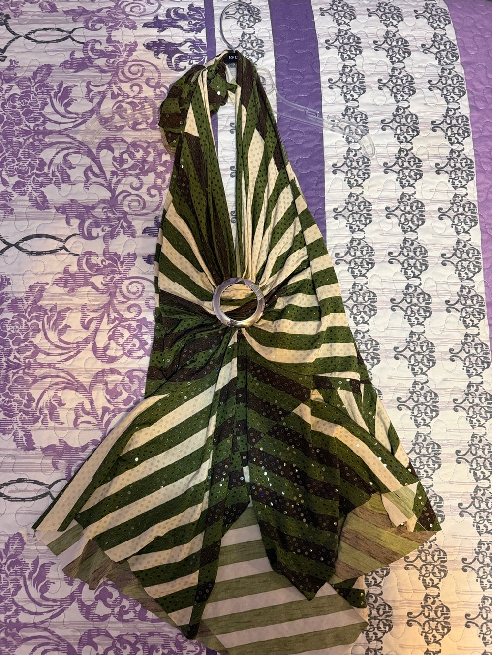 Green and Cream Striped Halter Top with Decorative Ring